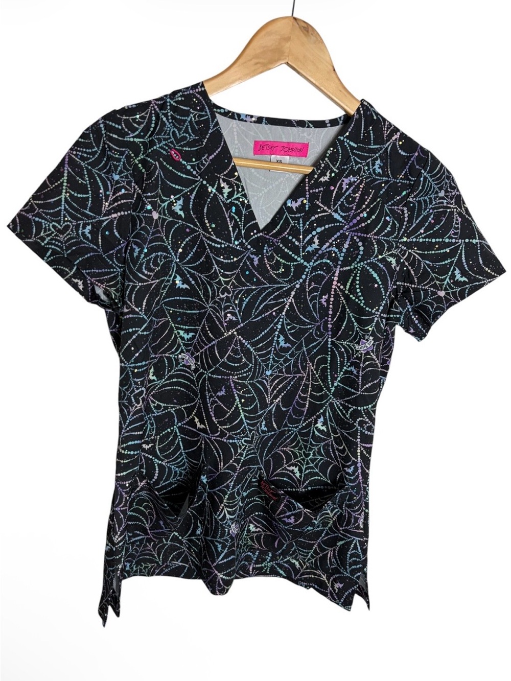 NWT Betsey Johnson multi color dazzling webs spiderwebs scrub top size XS